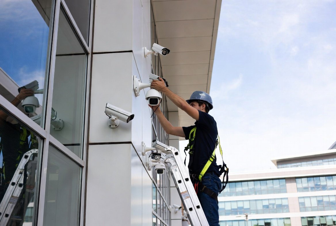 Technician installing IP security cameras on building exterior