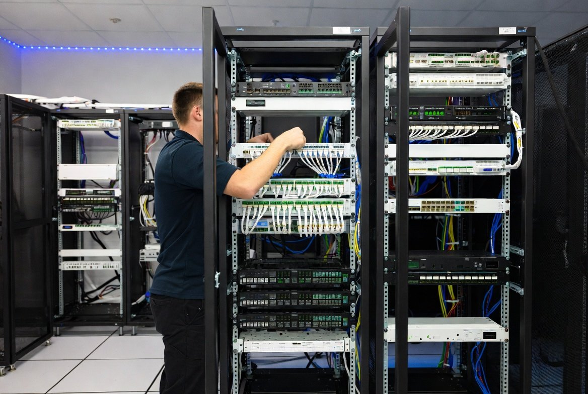Network rack and stack installation in server room